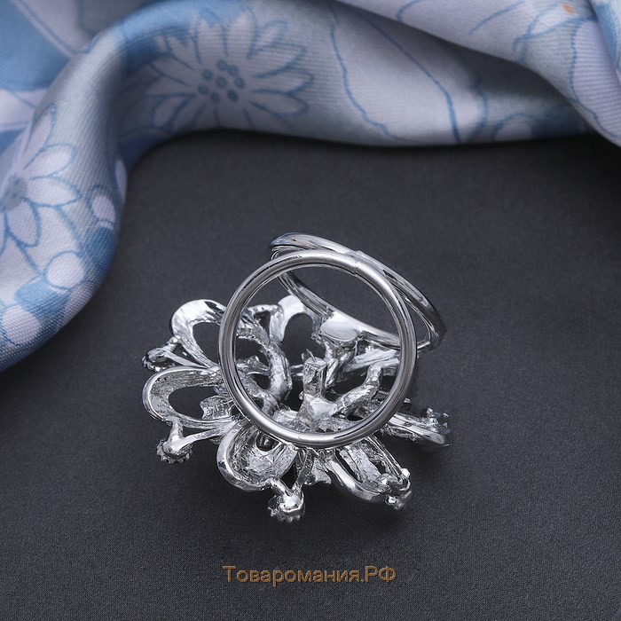 Кольцо для платка "Цветок" объемный со стразами, цвет белый в серебре