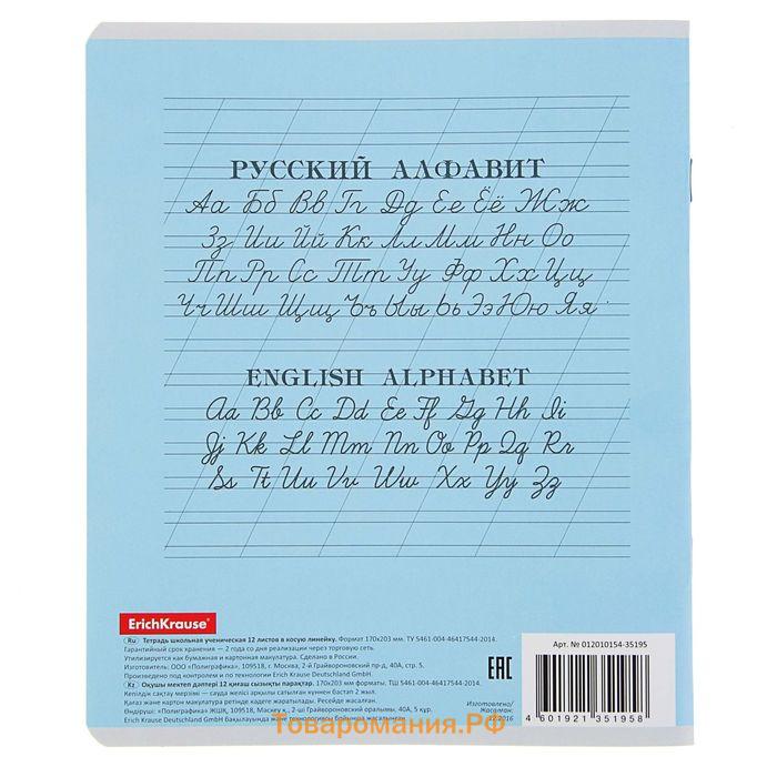 Тетрадь 12 листов в косую линейку, ErichKrause «Классика», обложка мелованная бумага, голубая