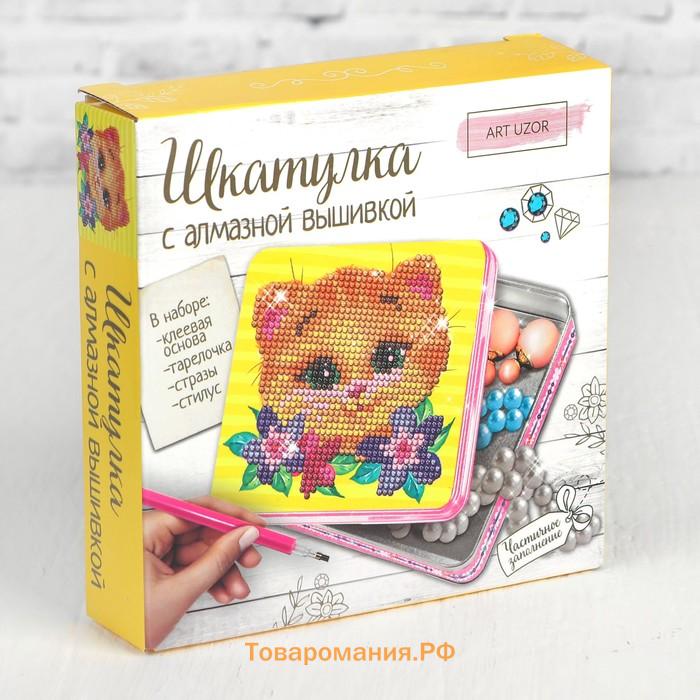 Алмазная мозаика на шкатулке с частичным заполнением «Котик», 14 х 14 см