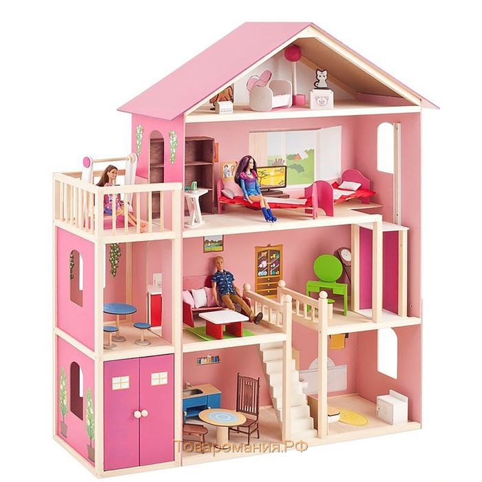 Большой дом для кукол «Мечта» (28 предметов мебели, лифт, лестница, гараж, балкон, качели)