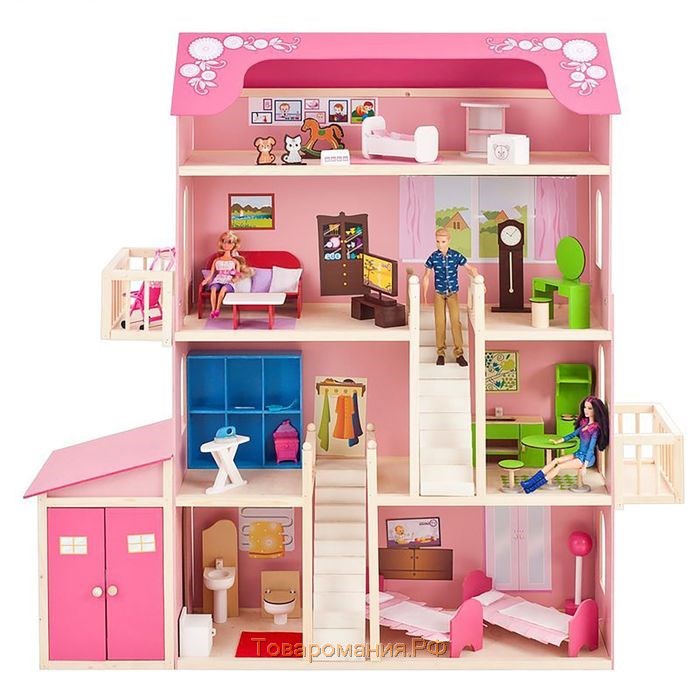 Деревянный дом для кукол «Нежность», (28 предметов мебели, 2 лестницы, гараж)