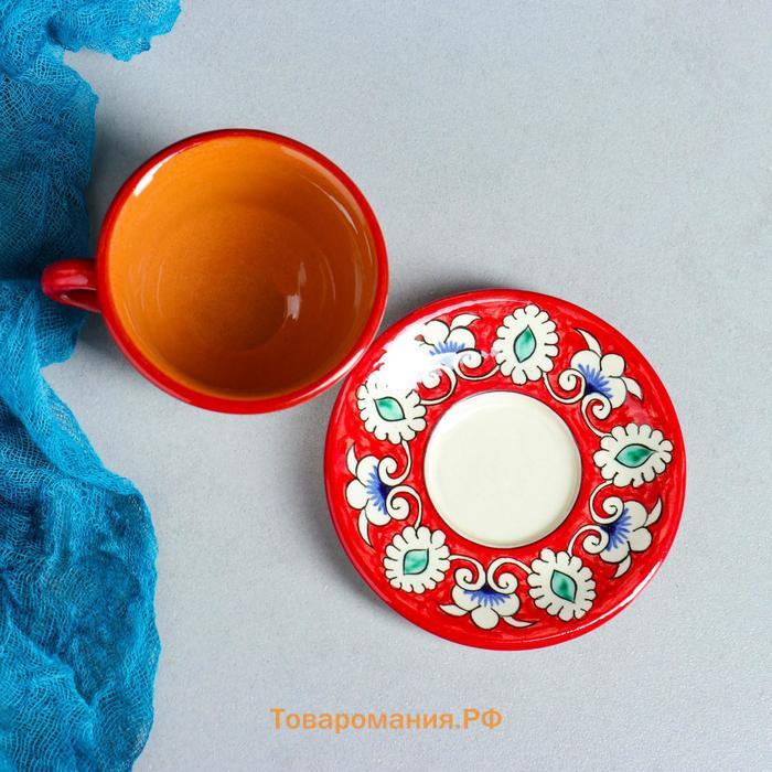 Чайная пара Риштанская Керамика "Узоры", 100 мл, (тарелка 10см, чашка 7,5см), красная