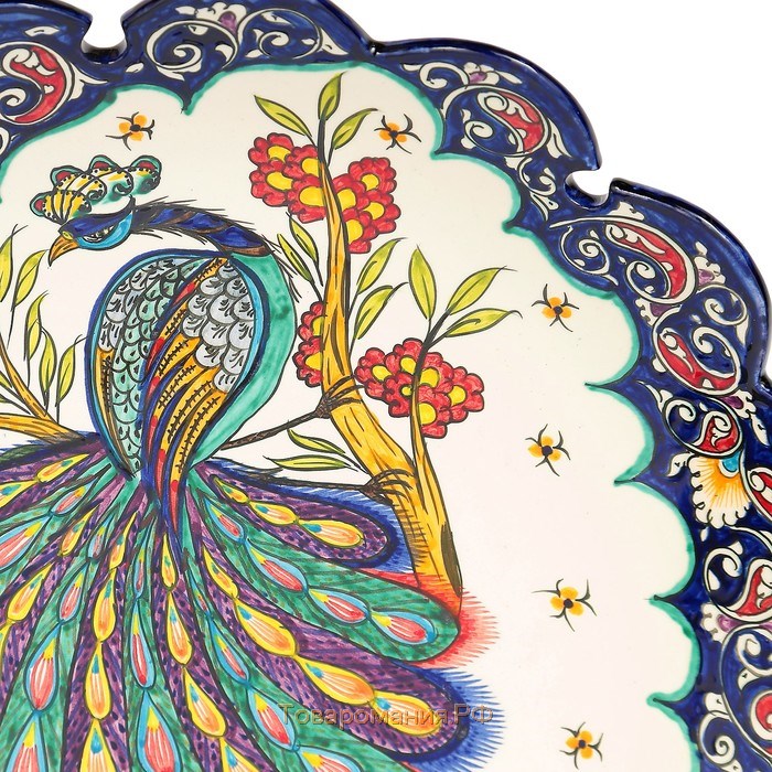 Ляган Риштанская Керамика "Жар птица", 42 см, синий, рифлённый