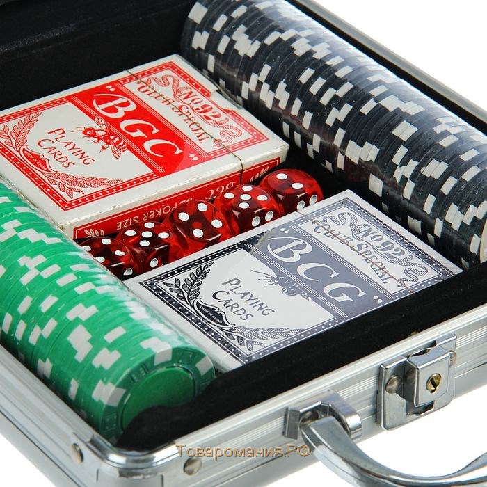 Покер в металлическом кейсе (карты 2 колоды, фишки 100 шт б/номинала, 5 кубиков), 20 х 20 см