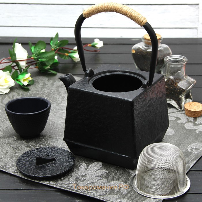 Чайник чугунный «Бокей. Этно», 700 мл, с ситом, с эмалированным покрытием, цвет чёрный
