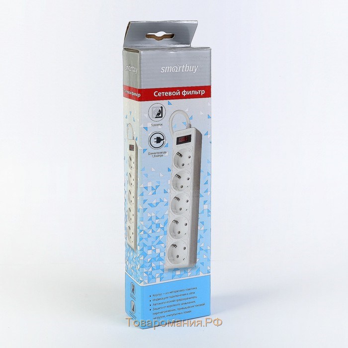 Сетевой фильтр Smartbuy, 5 розеток, 1.8 м, 10 А, 2200 Вт, с з/к, с выкл., белый