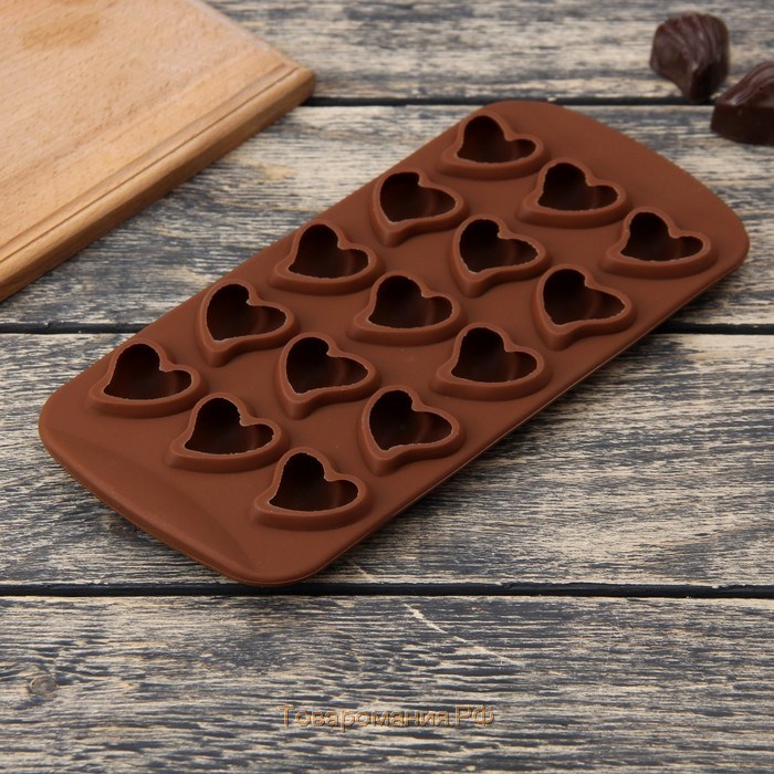 Форма для шоколада «Сердца», 21,5×10,5×1,8 см, 15 ячеек (3×3 см), цвет коричневый