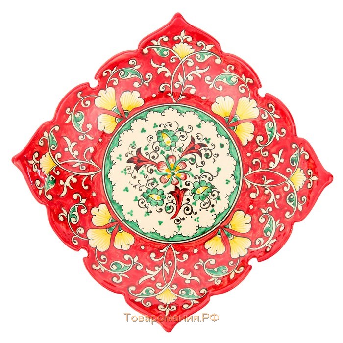 Фруктовница Риштанская Керамика "Цветы", 33 см, квадратная, красная