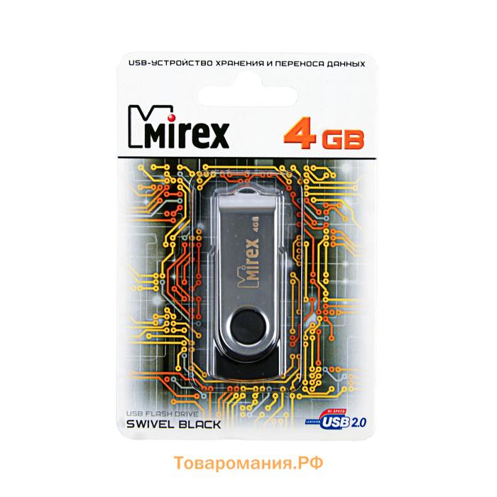 Флешка Mirex SWIVEL BLACK, 4 Гб, USB2.0, чт до 25 Мб/с, зап до 15 Мб/с, черная