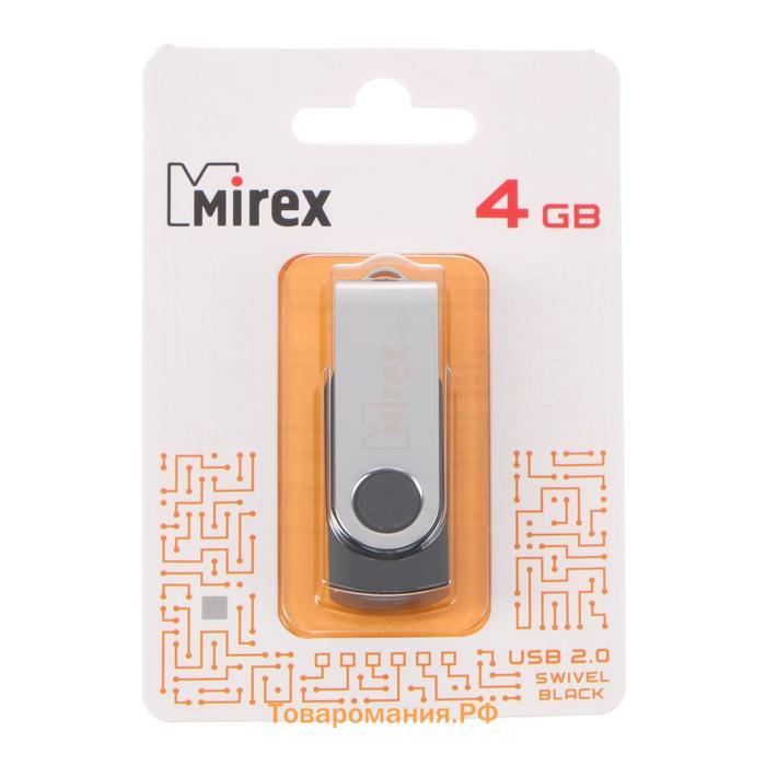 Флешка Mirex SWIVEL BLACK, 4 Гб, USB2.0, чт до 25 Мб/с, зап до 15 Мб/с, черная