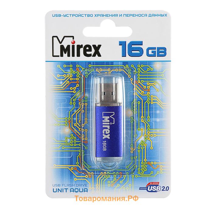 Флешка Mirex UNIT AQUA, 16 Гб, USB2.0, чт до 25 Мб/с, зап до 15 Мб/с, синяя