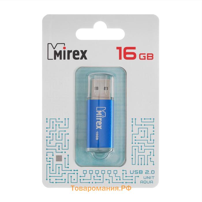 Флешка Mirex UNIT AQUA, 16 Гб, USB2.0, чт до 25 Мб/с, зап до 15 Мб/с, синяя