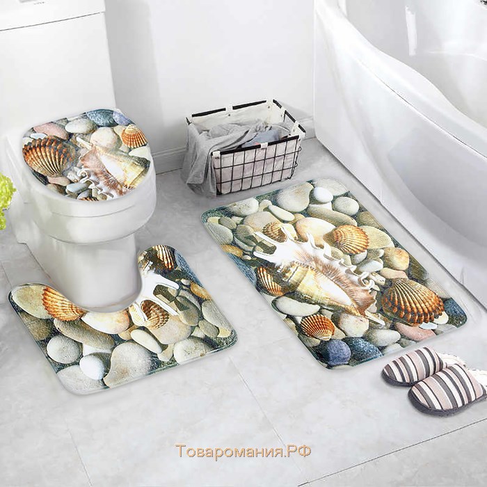 Набор ковриков для ванной и туалета «Ракушки», 3 шт, 37×45, 37×45, 45×75 см