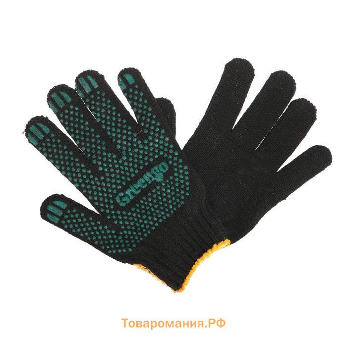 Перчатки, х/б, вязка 10 класс, 6 нитей, размер 9, с ПВХ протектором, чёрные, Greengo