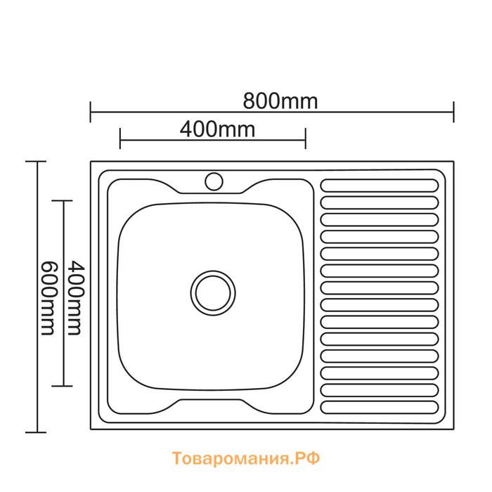 Мойка кухонная Accoona AC6080-L, накладная, левая, толщина 0.6 мм, 800х600х165 мм, декор