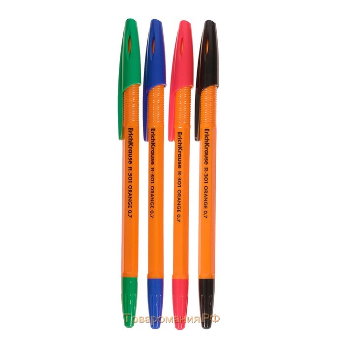 Набор ручек шариковых 4 цвета R-301 Orange Stick, узел 0.7 мм, чернила: синие, чёрные, красные, зелёные, длина линии письма 2000 метров, европодвес