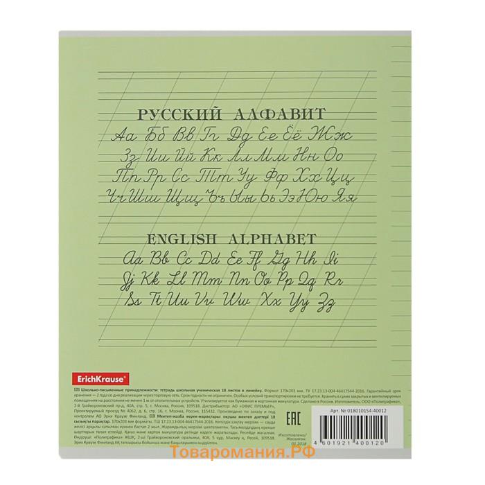 Тетрадь 18 листов в линейку ErichKrause «Классика», обложка мелованный картон, блок офсет, 100% белизна, зелёная