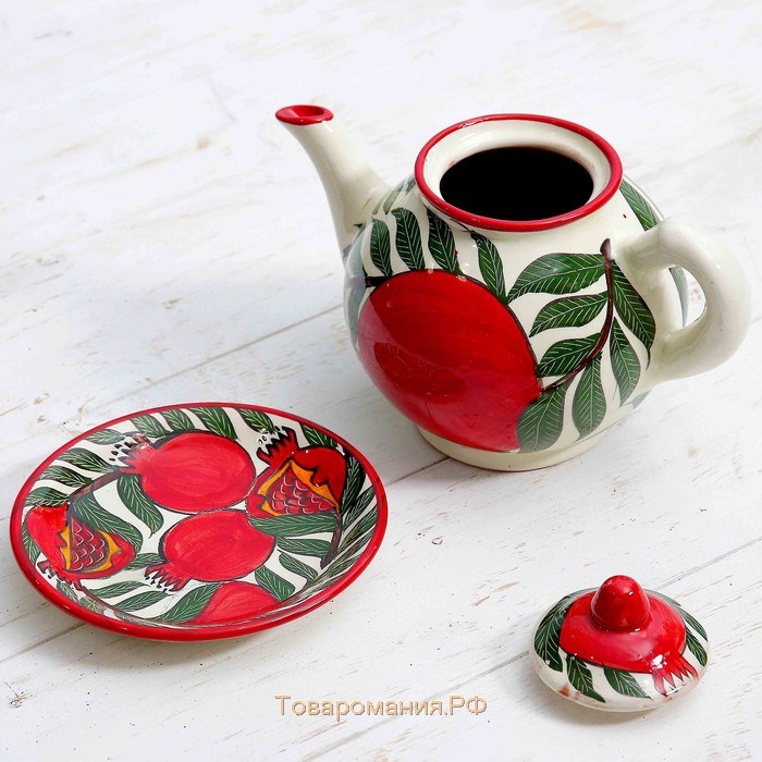 Набор чайный Риштанская керамика "Гранат", 9 предметов (Чайник-0,8л,пиалы-0,5/0,3л)