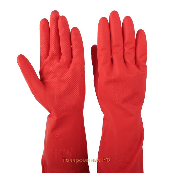 Перчатки хозяйственные латексные, размер S, длинные манжеты, 90 гр, цвет красный