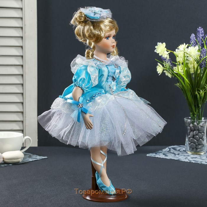 Кукла коллекционная керамика "Балерина-Мальвина в голубом платье" 35 см