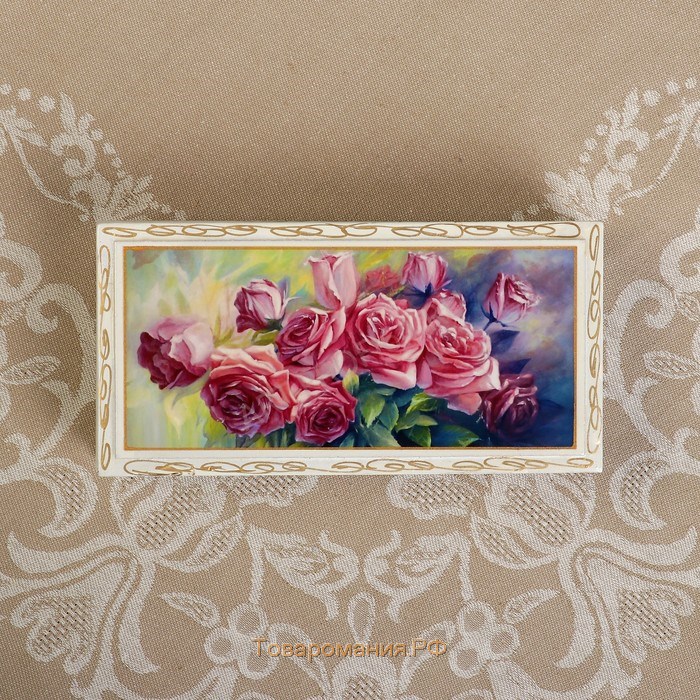 Шкатулка - купюрница «Розы», белая, 8,5×17 см, лаковая миниатюра
