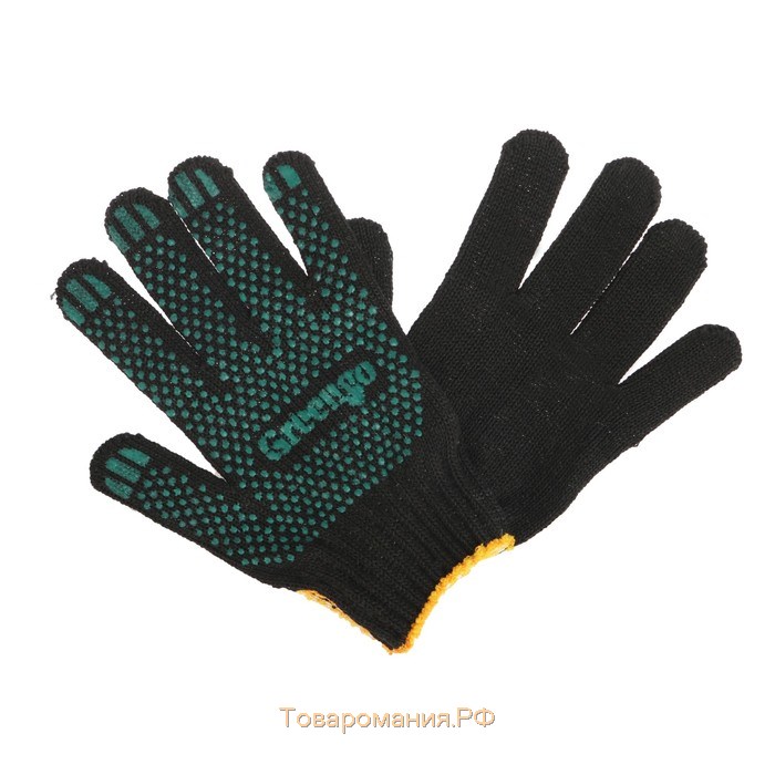 Перчатки, х/б, вязка 7 класс, 4 нити, размер 9, с ПВХ точками, чёрные, Greengo