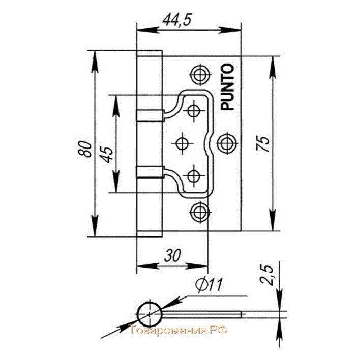 Петля универсальная Punto 200-2B AC, 75x2.5 мм, без врезки, цвет медь, 1 шт.