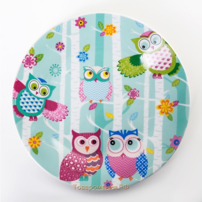 Набор детской посуды из керамики «Совушки», 3 предмета: кружка 230 мл, миска 400 мл, тарелка d=18 см, цвет белый