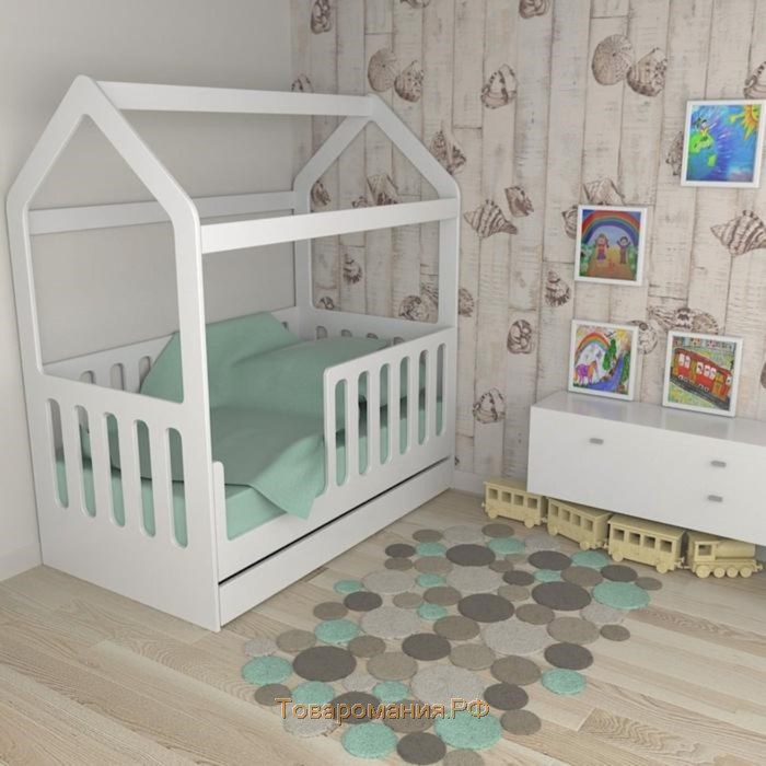 Детская кровать-домик с ящиком, белый, 800 × 1600 мм