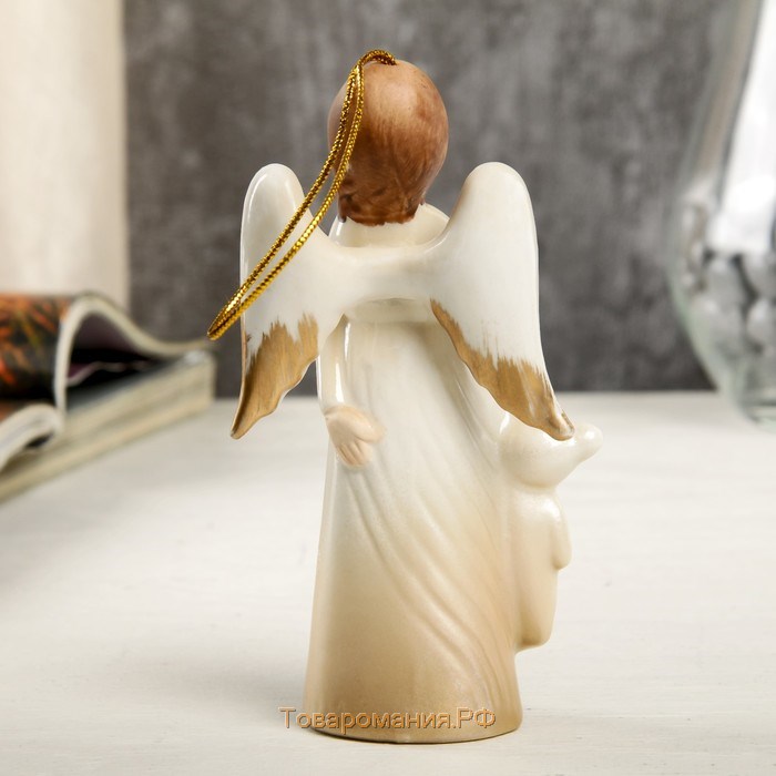 Сувенир керамика подвеска "Девочка-ангел в платье-волна с мишкой в руке" 12,4х3,8х6,8 см