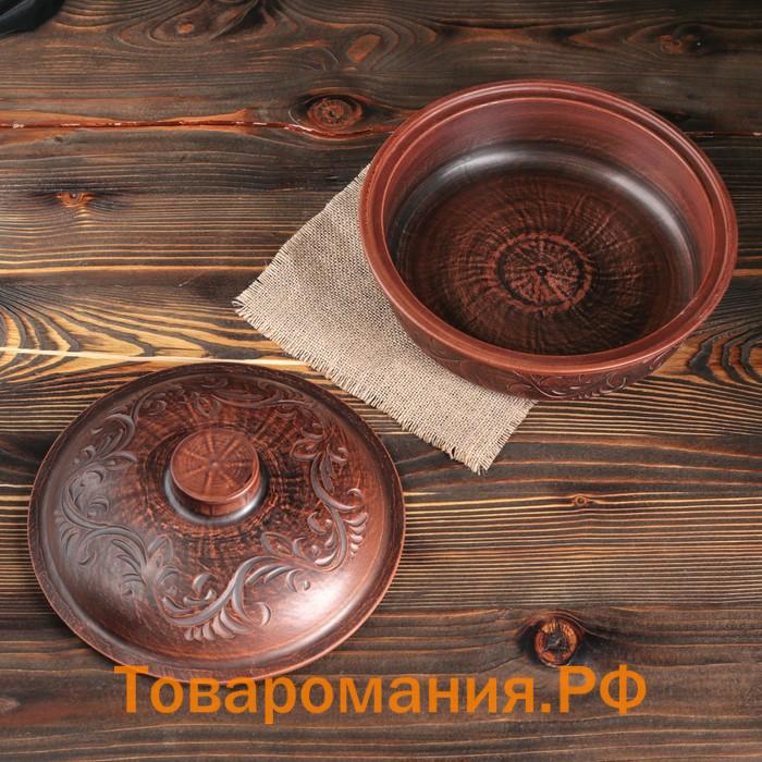 Горшок духовой с крышкой "Сковородка", декор, красная глина, 28 см, 3 л, микс