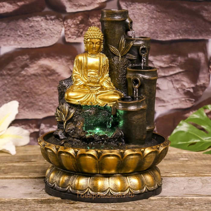 Фонтан настольный от сети, подсветка "Золотой Будда и фонтан из бамбука" 28х20,5х20,5 см