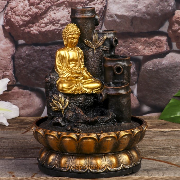 Фонтан настольный от сети, подсветка "Золотой Будда и фонтан из бамбука" 28х20,5х20,5 см