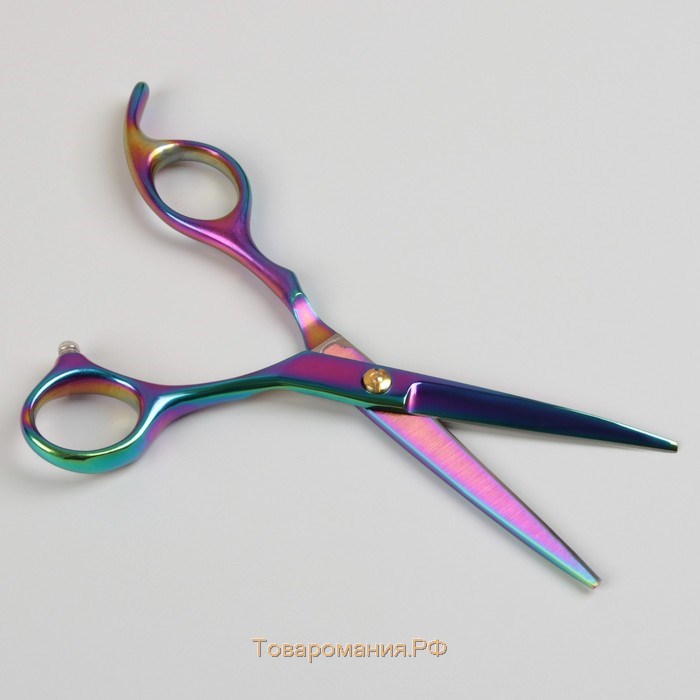 Ножницы парикмахерские с упором «Premium», загнутые кольца, лезвие — 5,5 см, цвет хамелеон