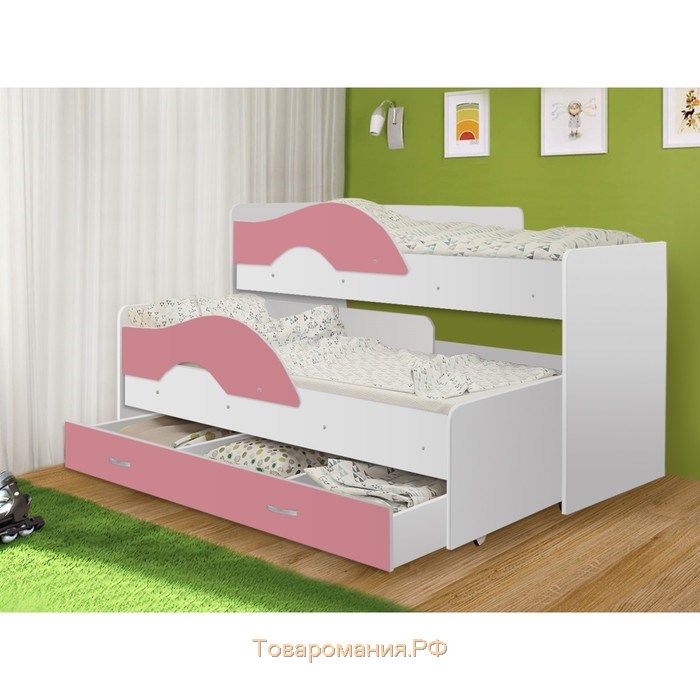 Кровать двухъярусная выкатная Матрешка Розовый/белый 800х1600 с ящиком