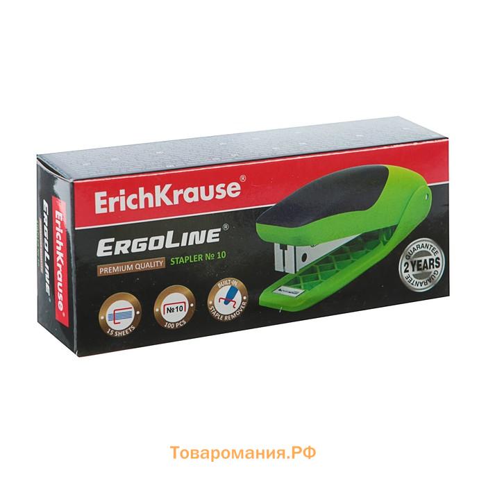 Степлер ErichKrause ErgoLine № 10, до 15 листов, встроенный антистеплер, резиновая противоскользящая вставка, ярко-салатовый