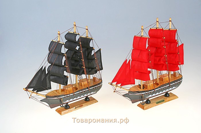 Корабль сувенирный средний «Флора», борта чёрные с белой полосой, паруса алые, 32х6,5х31 см
