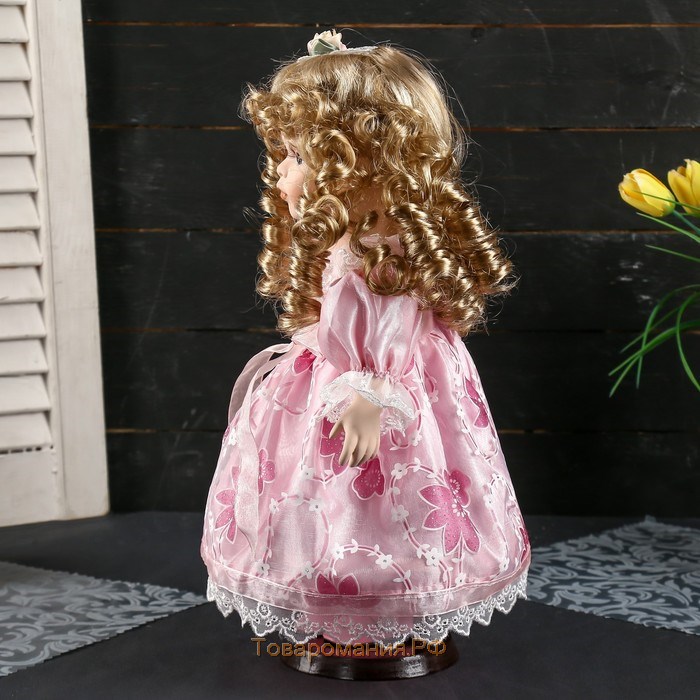 Кукла коллекционная керамика "Алина в нежно-розовом платье с мишкой" 35 см