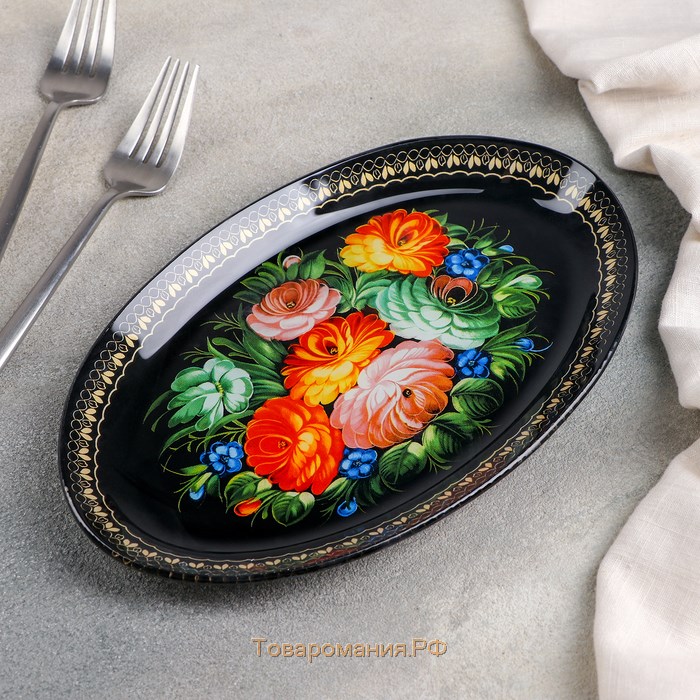 Блюдо стеклянное сервировочное овальное «Народные мотивы», 24,5×15 см, цвет чёрный