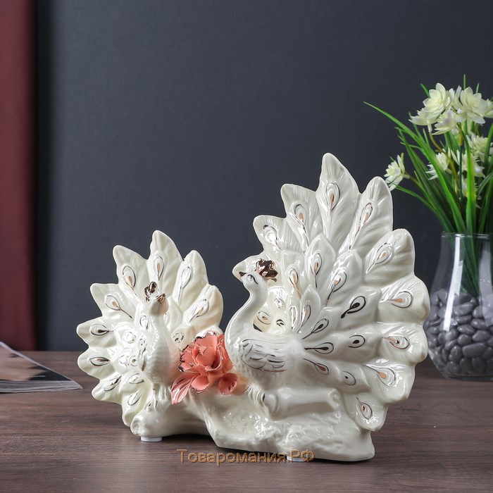 Сувенир керамика "Павлины с цветком" кремовый 20,5х29х7 см