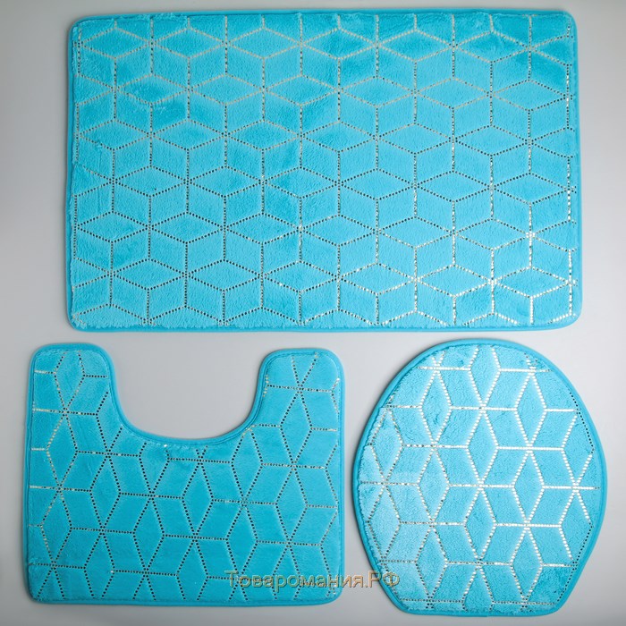 Набор ковриков для ванной и туалета «Геометрик», 3 шт: 35×40, 40×50, 50×80 см, цвет синий