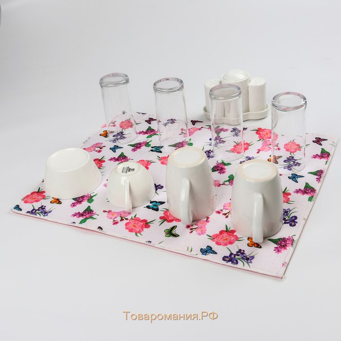 Коврик для сушки посуды «Цветы и бабочки», 38×51 см, микрофибра