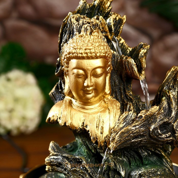 Фонтан настольный от сети, подсветка "Лик Будды на коре дерева" 28х20х20 см