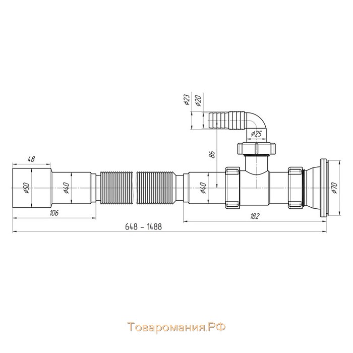 Гофросифон «АНИ Пласт» G118, 1 1/2" х 40 мм, удлиненный с отводом, L= 648-1488 мм