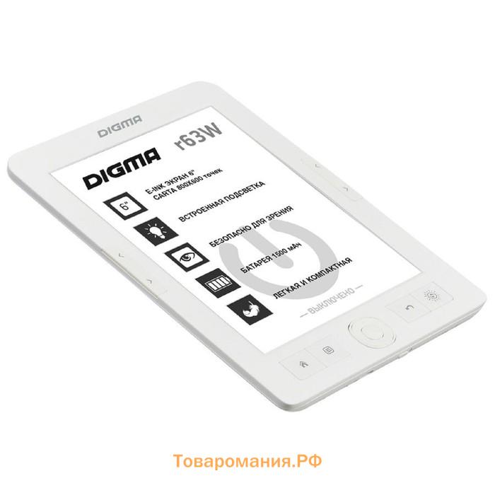 Электронная книга Digma R63W, 6", E-Ink Carta, 800x600, 600MHz, 4Гб, microSDHC, белый
