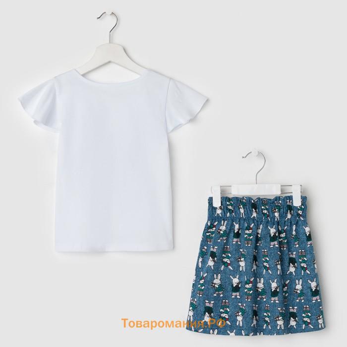 Комплект для девочки (футболка, юбка), цвет белый/синий, рост 104 см