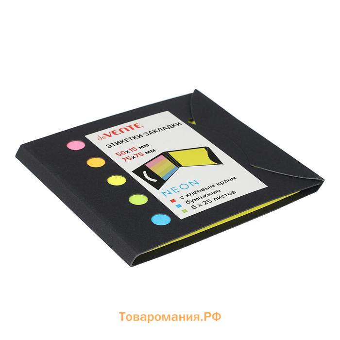 Закладки с клеевым краем (стикеры) 15 х 50 мм/75 х 75 мм, 6 цветов по 25 листов, бумажные, deVENTE Neon, крафтовая упаковка
