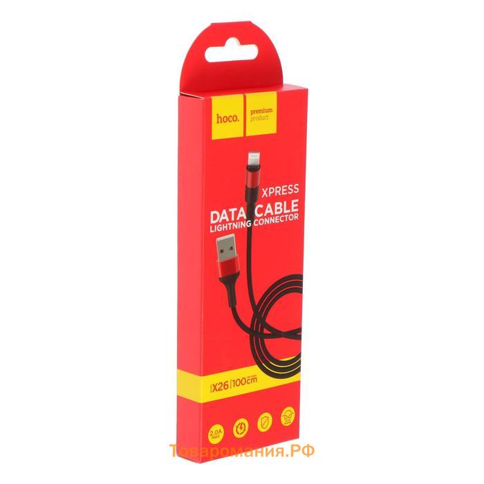 Кабель Hoco X26, Lightning - USB, 2 А, 1 м, нейлоновая оплётка, чёрно-красный