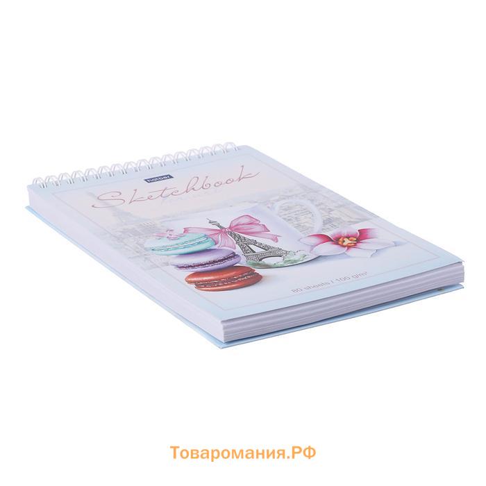 Скетчбук А5, 80 листов на гребне "Сладкий Париж", обложка мелованный картон, твёрдая подложка, блок 100 г/м2