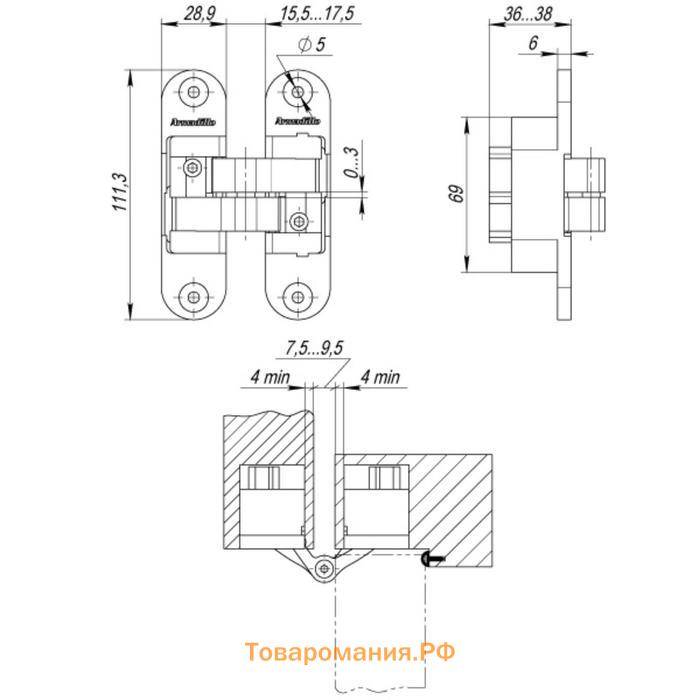 Петля скрытой установки с 3D-регулир.Architect 3D-ACH 60 SC,  прав. 60 кг, цвет мат. хром